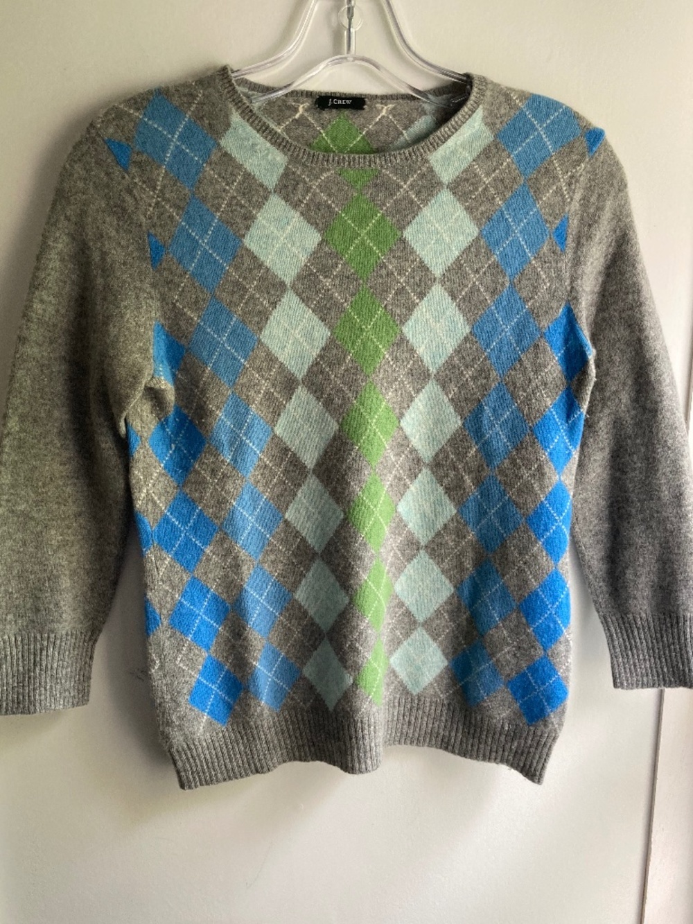 J. Crew Cashmere Argyle 3/4-sleeve Sweater